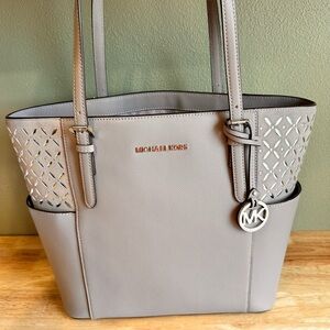 Michael Kors Gray Saffiano Leather Tote with Gold Accents
